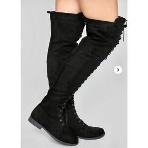 Tall Talk Flat Lace Up Over the Knee Boot - Black 10